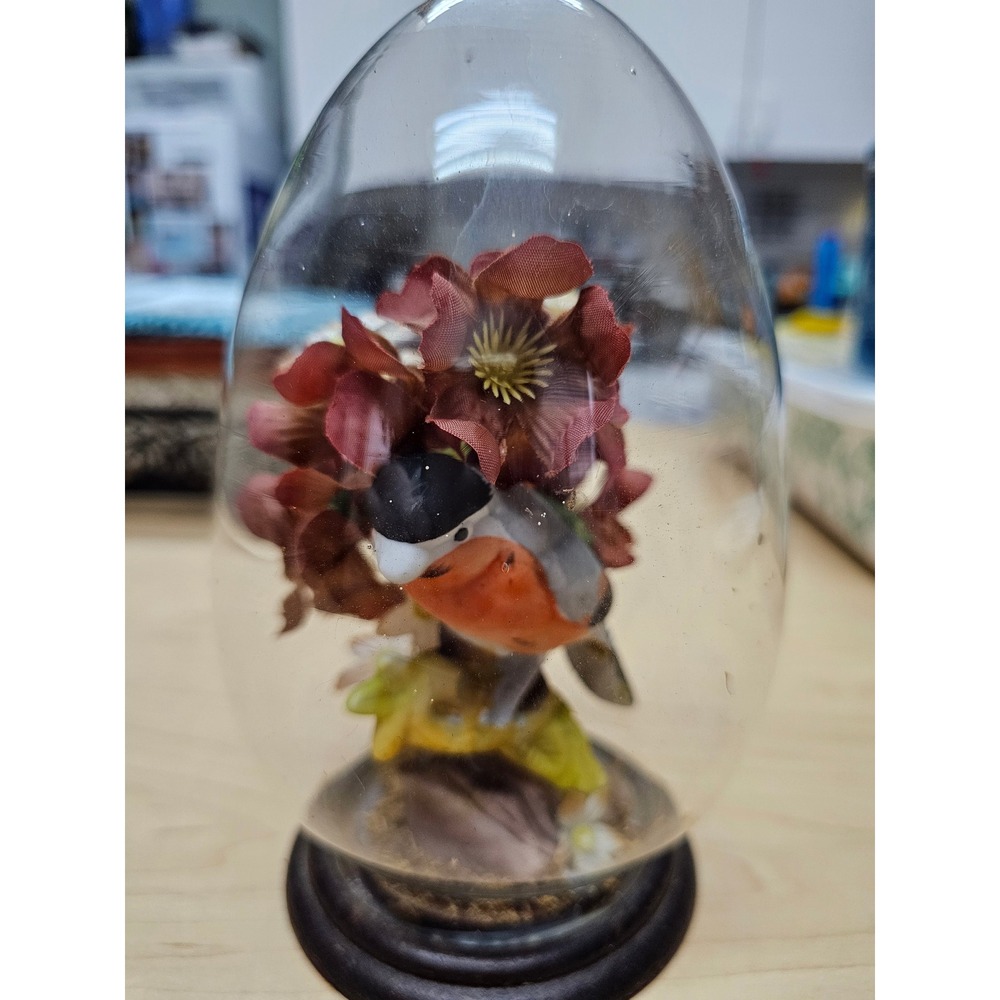 Vintage Glass Egg Cloche Bird Figurine with Faux Flowers Wood Base Taiwan
